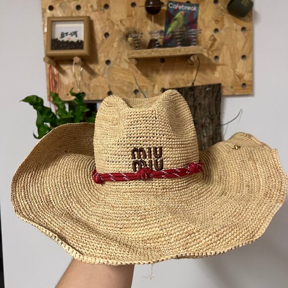 Miu Miu Women\'s Elegant Beige Straw Hat with Striking Red Bow Miu Miu | Accessories | Miu Miu Straw Bucket Hat Tan  main image 4